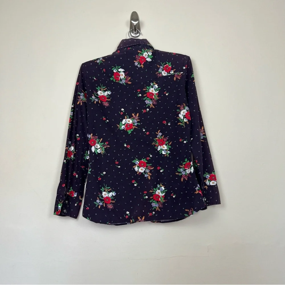 vintage 1950s western shirt black pearl snaps floral print dagger collar hippie - Picture 4 of 14